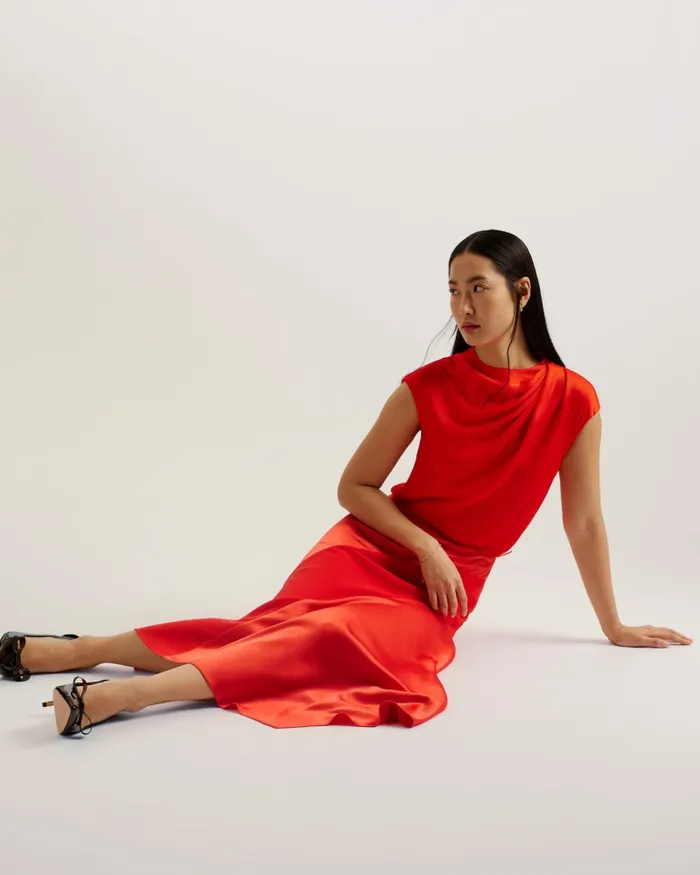 Women BOLSENA 8211 Asymmetric Satin Midi Skirt Red Ted Baker Skirts