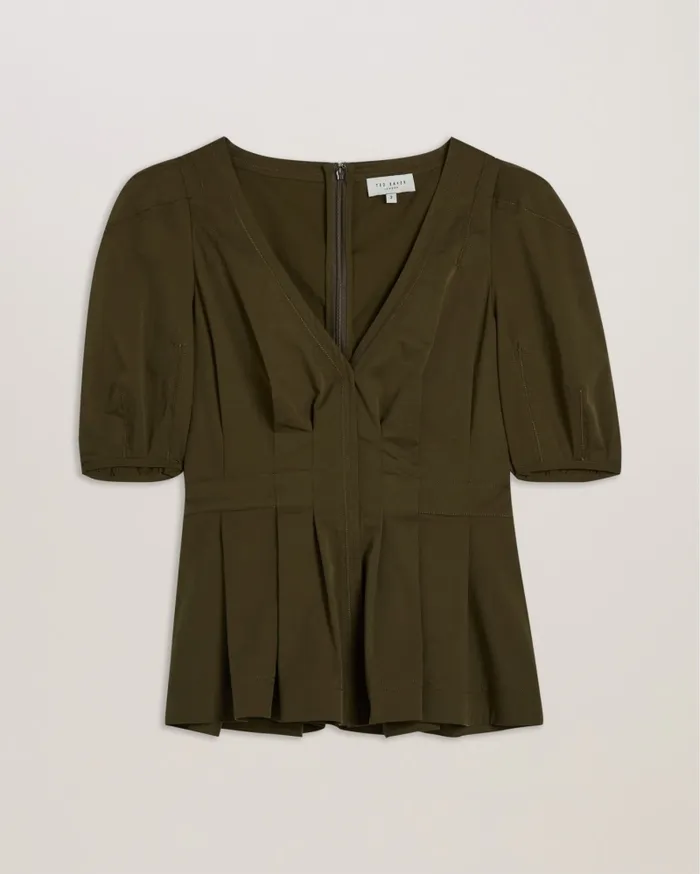 Women BURDUR 8211 Stitch Detail Balloon Sleeve Peplum Top Khaki Ted Baker Tops and Blouses Women BURDUR 8211 Stitch Detail Balloon Sleeve Peplum Top Khaki Ted Baker Tops and Blouses