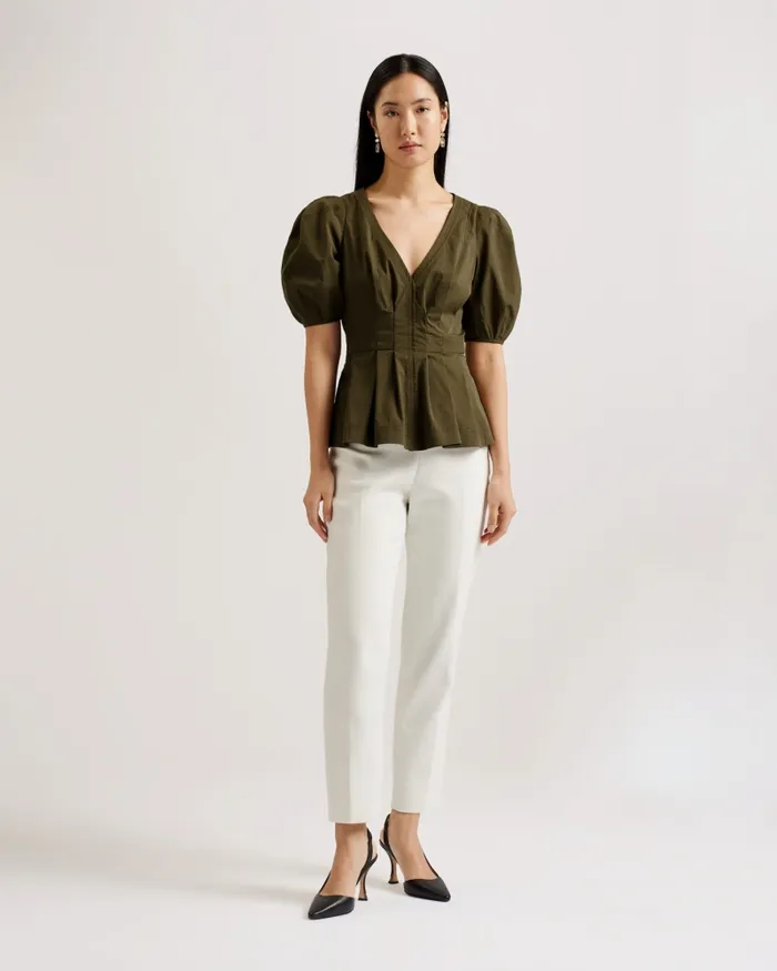 Women BURDUR 8211 Stitch Detail Balloon Sleeve Peplum Top Khaki Ted Baker Tops and Blouses