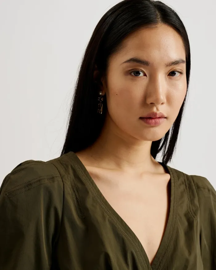 Women BURDUR 8211 Stitch Detail Balloon Sleeve Peplum Top Khaki Ted Baker Tops and Blouses