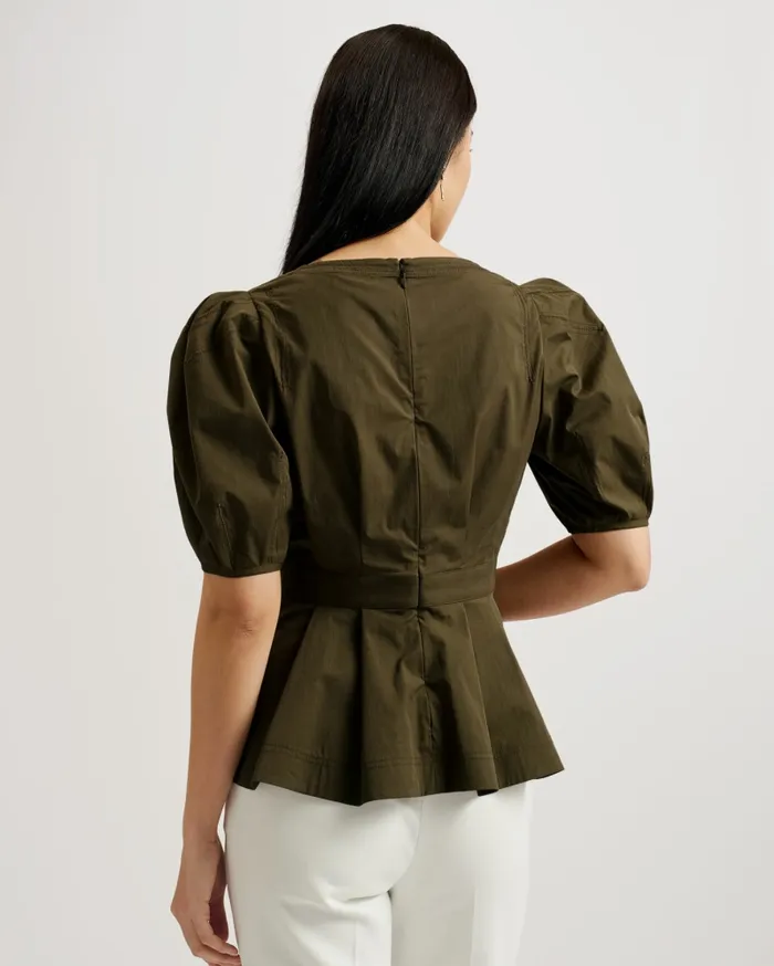 Women BURDUR 8211 Stitch Detail Balloon Sleeve Peplum Top Khaki Ted Baker Tops and Blouses