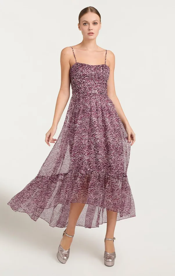 Women Cocktail and Evening Cinq Sept Inkstrokes Daria Dress Dark Plum Multi