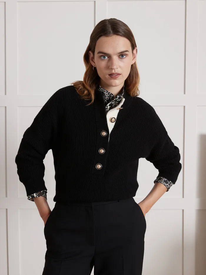 Women Cyrillus Clothing High Neck Button Sweater Noir