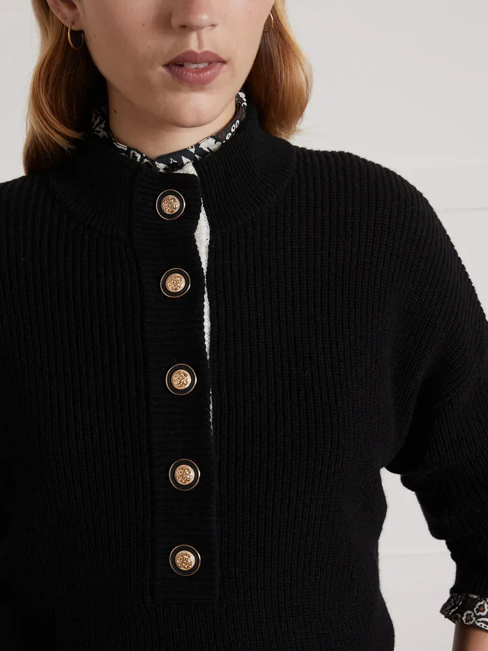 Women Cyrillus Clothing High Neck Button Sweater Noir