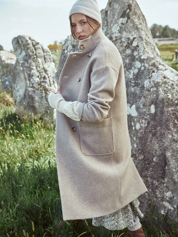 Women Cyrillus Clothing Long Coat With Small Straight Collar Beige Taupe