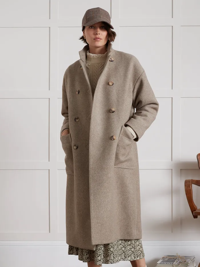 Women Cyrillus Clothing Long Coat With Small Straight Collar Beige Taupe