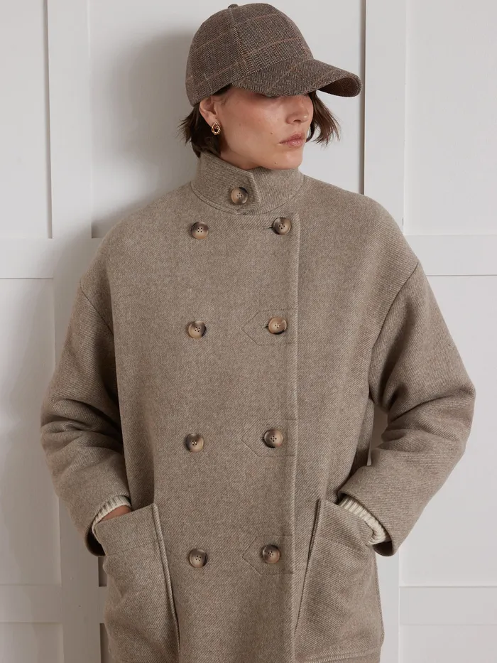 Women Cyrillus Clothing Long Coat With Small Straight Collar Beige Taupe