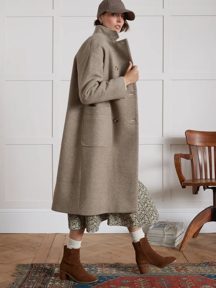 Women Cyrillus Clothing Long Coat With Small Straight Collar Beige Taupe