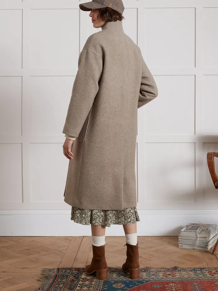 Women Cyrillus Clothing Long Coat With Small Straight Collar Beige Taupe