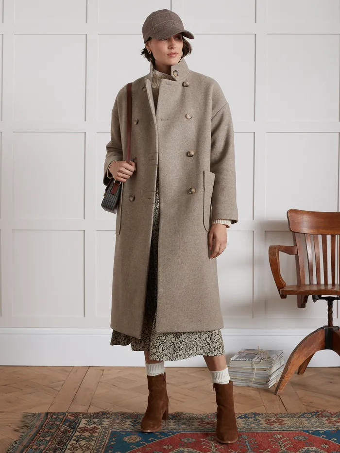 Women Cyrillus Clothing Long Coat With Small Straight Collar Beige Taupe