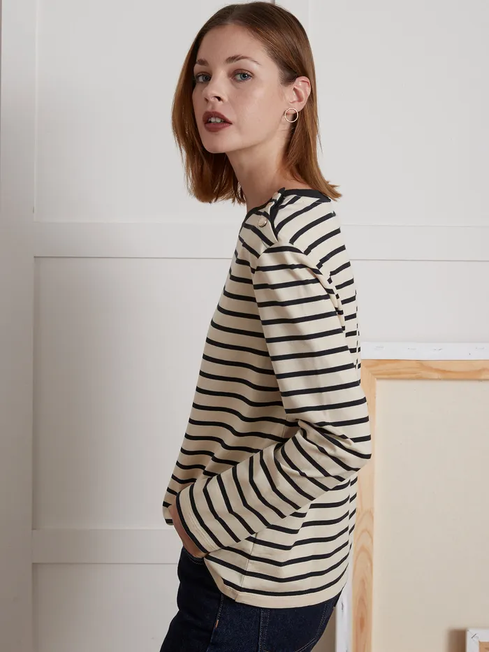Women Cyrillus Clothing Organic Cotton SailorStripe TShirt Rayure Navy Noir