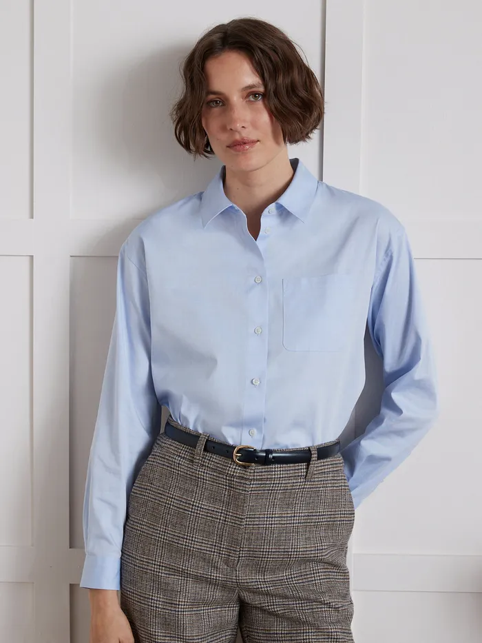 Women Cyrillus Clothing Plain Organic Cotton Oxford Shirt Bleu