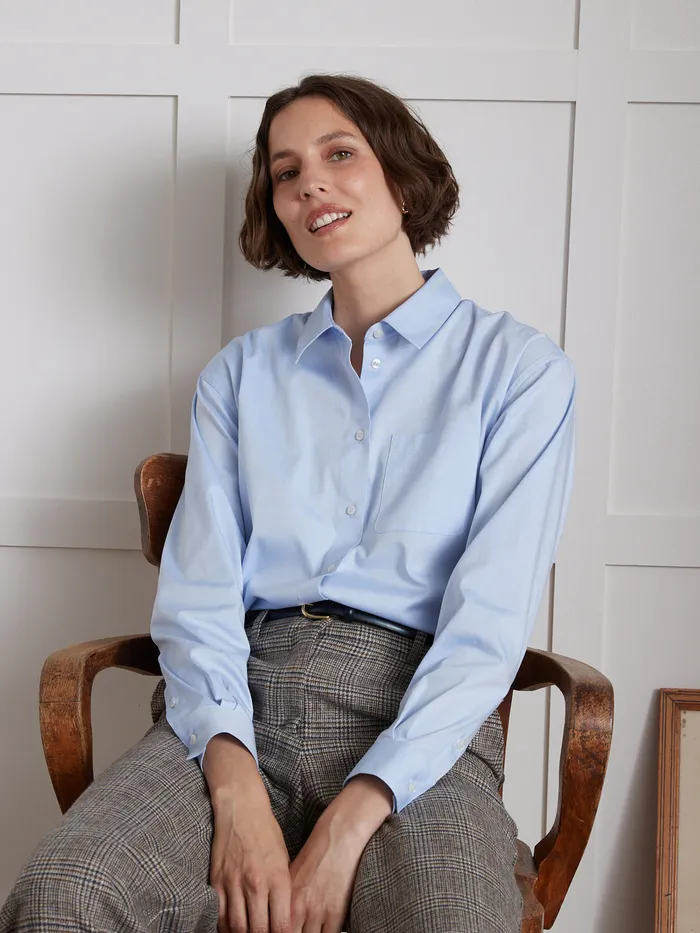 Women Cyrillus Clothing Plain Organic Cotton Oxford Shirt Bleu