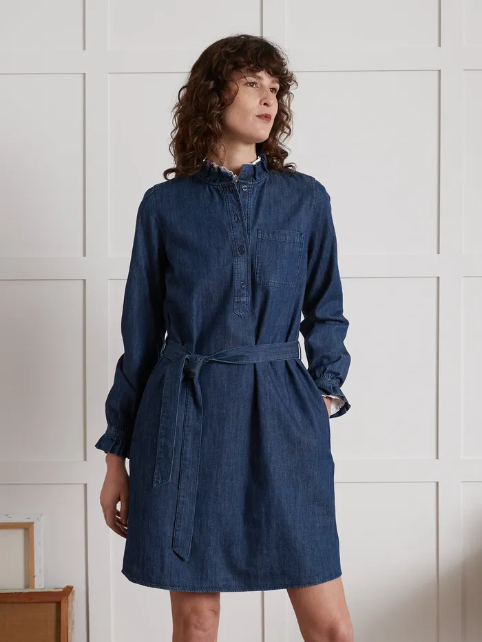 Women Cyrillus Clothing Short Chambray Dress With Ruffled Collar Denim Bleu