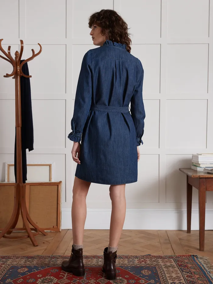 Women Cyrillus Clothing Short Chambray Dress With Ruffled Collar Denim Bleu