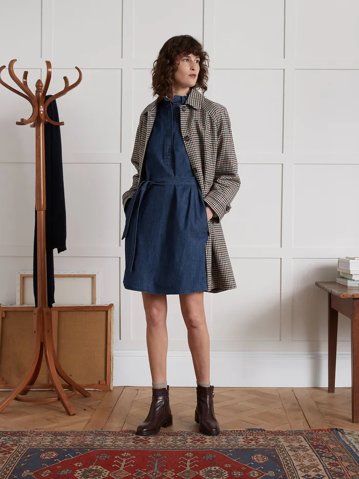 Women Cyrillus Clothing Short Chambray Dress With Ruffled Collar Denim Bleu