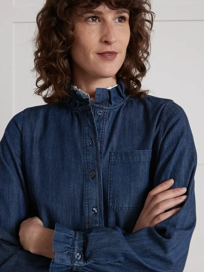 Women Cyrillus Clothing Short Chambray Dress With Ruffled Collar Denim Bleu