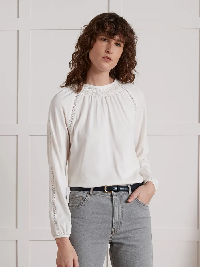 Women Cyrillus Clothing Smocked TShirt With Raglan Sleeves Blanc