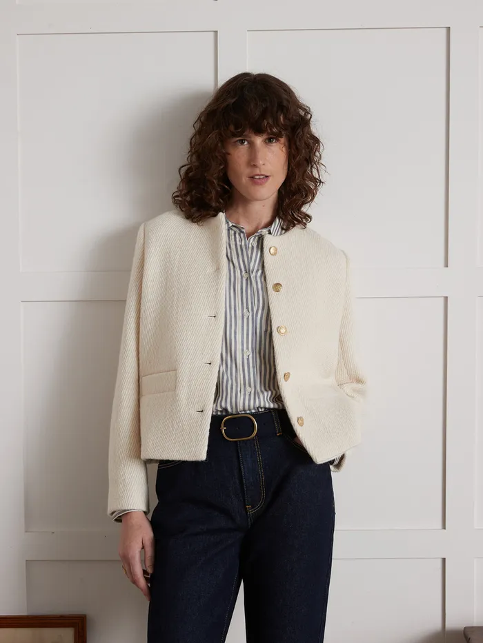 Women Cyrillus Clothing Textured Collarless Jacket Craie