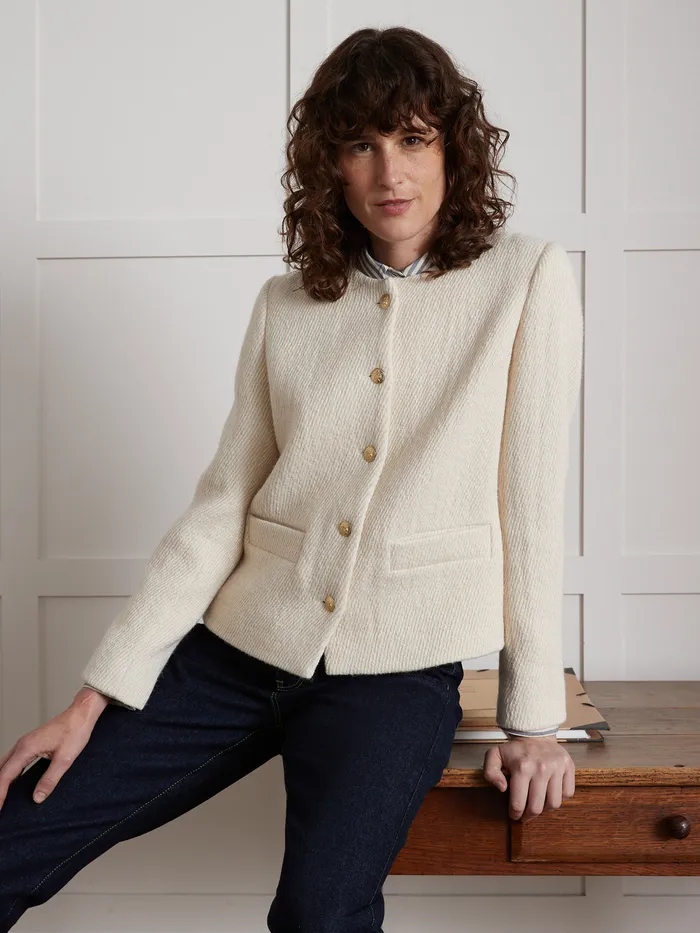 Women Cyrillus Clothing Textured Collarless Jacket Craie