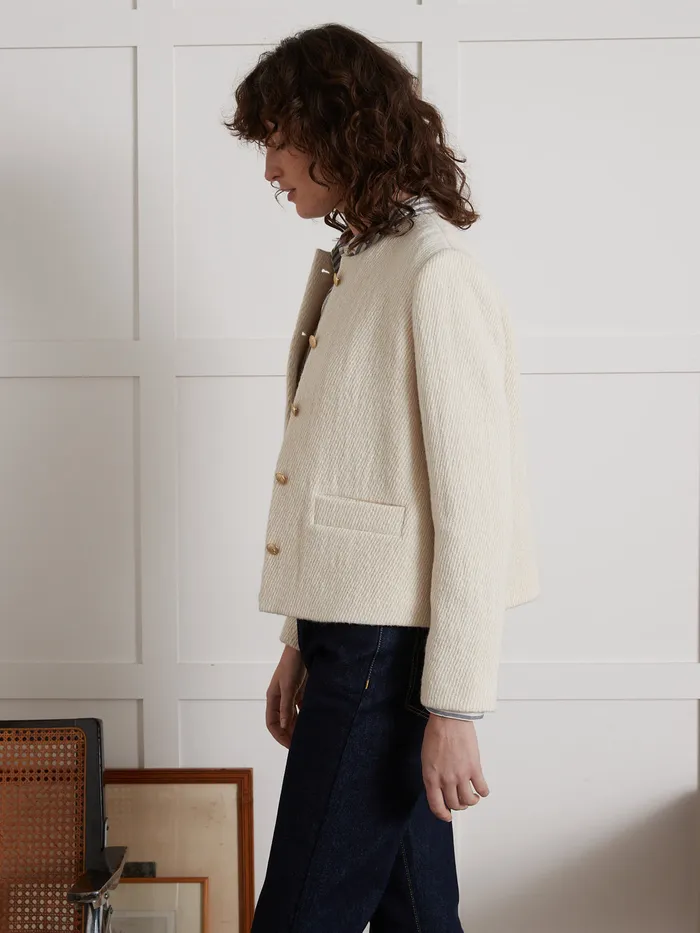 Women Cyrillus Clothing Textured Collarless Jacket Craie