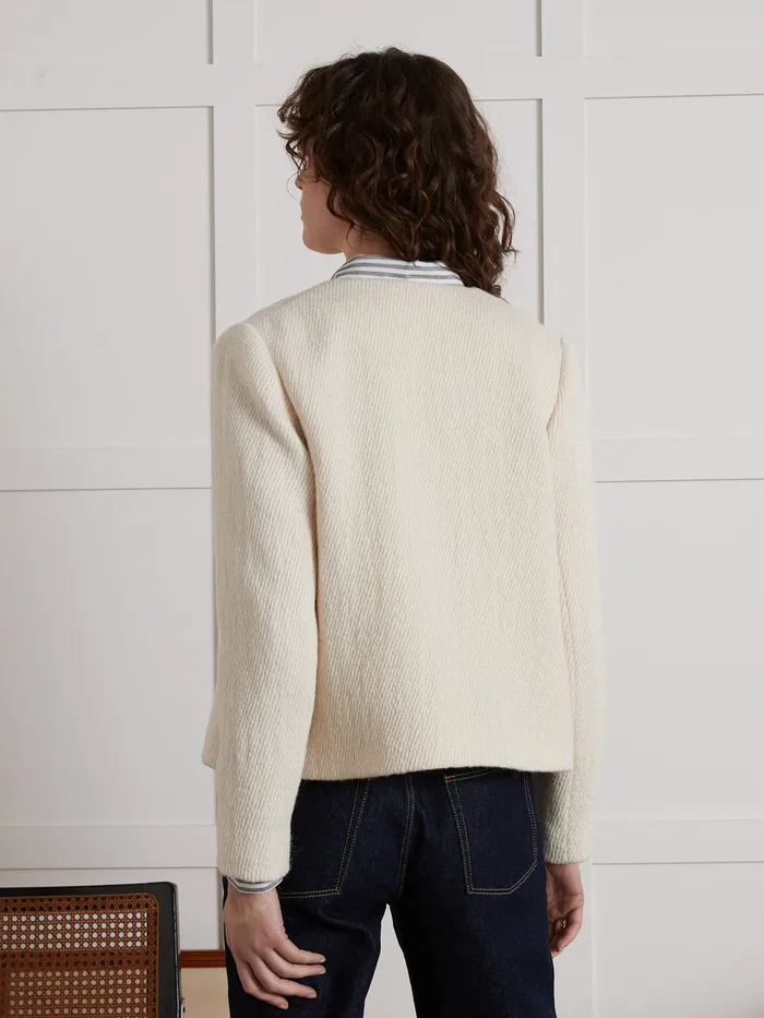 Women Cyrillus Clothing Textured Collarless Jacket Craie
