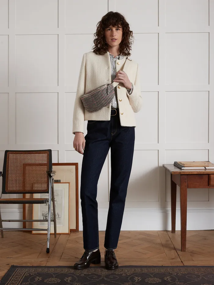 Women Cyrillus Clothing Textured Collarless Jacket Craie
