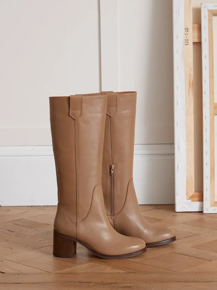 Women Cyrillus Shoes Heeled Leather Boots Beige