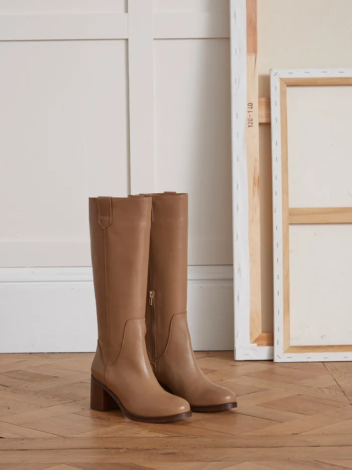 Women Cyrillus Shoes Heeled Leather Boots Beige
