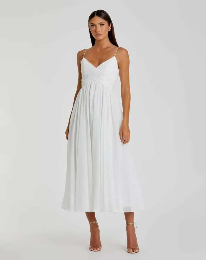 Women Daytime Dresses Mac Duggal Faux Wrap Sleeveless Flowy Midi Dress White