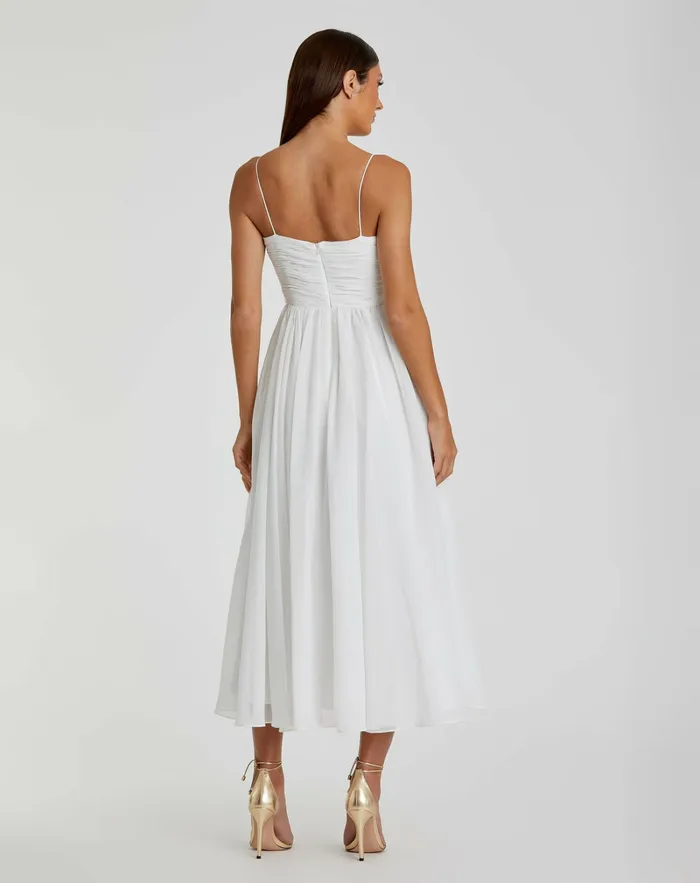 Women Daytime Dresses Mac Duggal Faux Wrap Sleeveless Flowy Midi Dress White