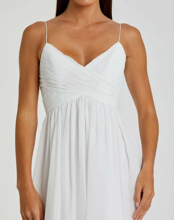 Women Daytime Dresses Mac Duggal Faux Wrap Sleeveless Flowy Midi Dress White