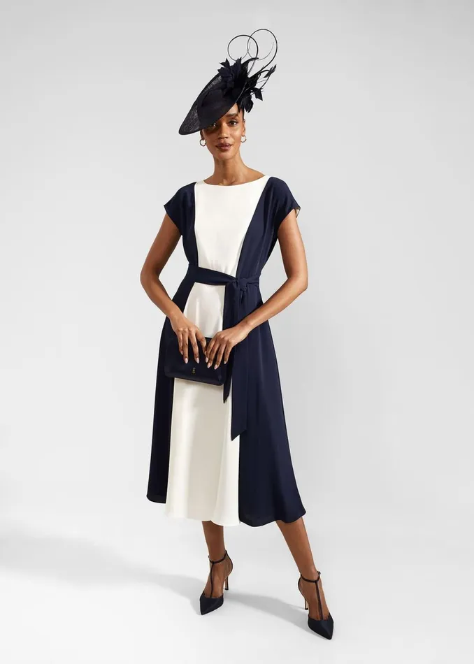 Women Dresses and Jumpsuits Hobbs Emery Tie Belted Midi Dress Navy Cream