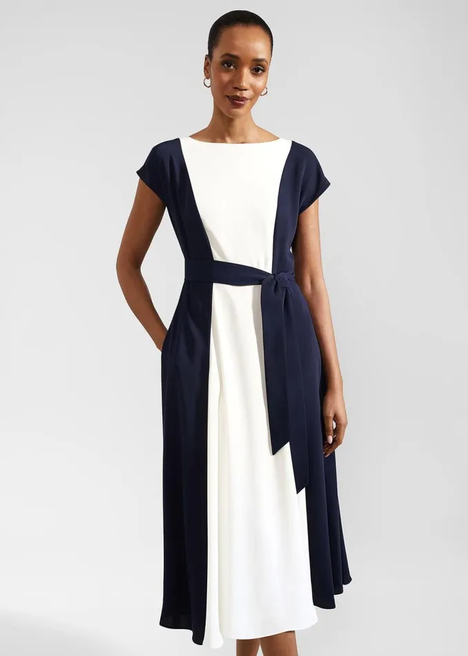 Women Dresses and Jumpsuits Hobbs Emery Tie Belted Midi Dress Navy Cream