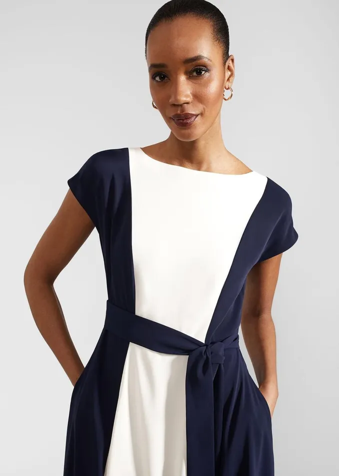 Women Dresses and Jumpsuits Hobbs Emery Tie Belted Midi Dress Navy Cream