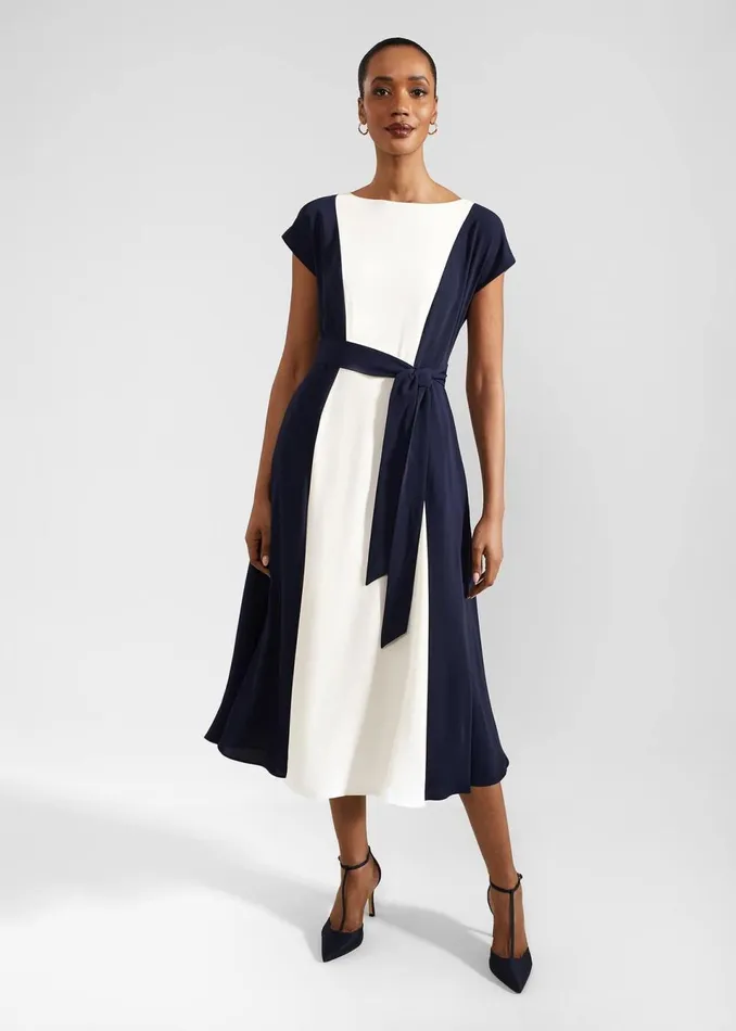 Women Dresses and Jumpsuits Hobbs Emery Tie Belted Midi Dress Navy Cream