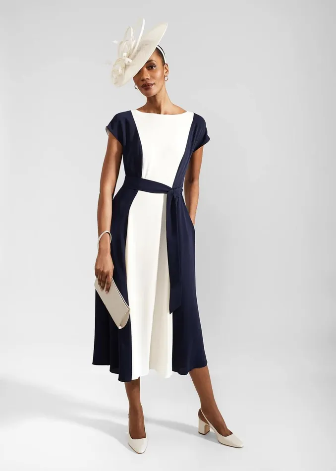 Women Dresses and Jumpsuits Hobbs Emery Tie Belted Midi Dress Navy Cream