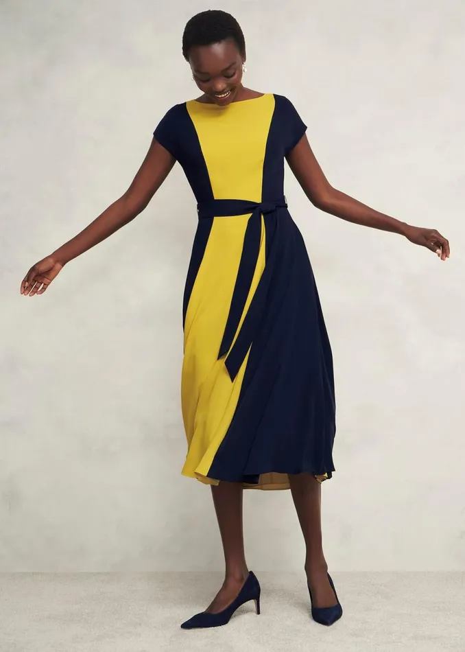 Women Dresses and Jumpsuits Hobbs Petite Emery Tie Belted Dress Navy Yellow
