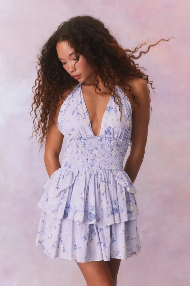 Women Dresses LoveShackFancy Deanna Fragrance Print Halter Mini Dress Whisper Blue