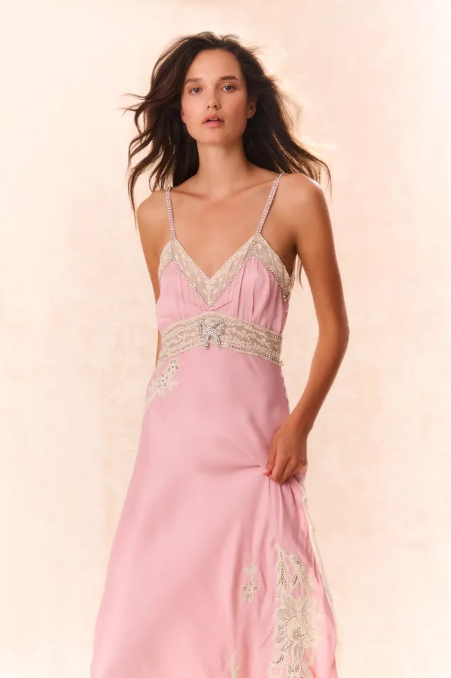 Women Dresses LoveShackFancy Valea Embellished Satin Maxi Dress Ash Pink