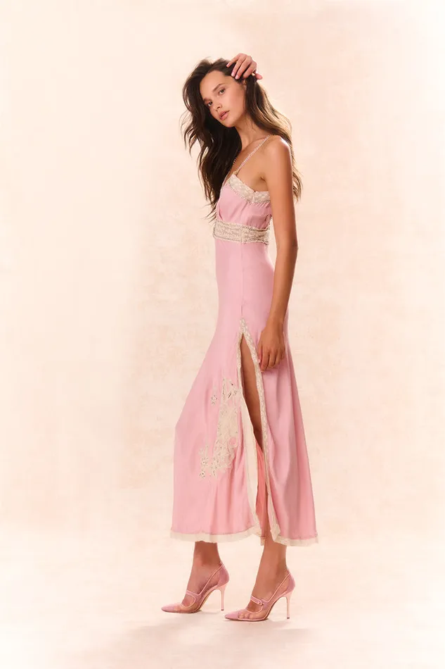 Women Dresses LoveShackFancy Valea Embellished Satin Maxi Dress Ash Pink