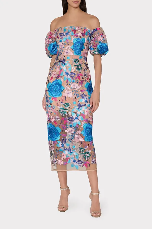 Women Dresses Milly Nira Fall Floral Embroidered Dress Blue Multi