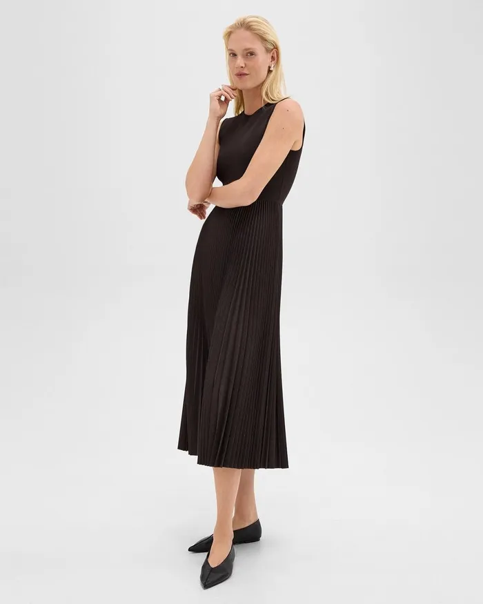 Women Dresses Theory Pleated Combo Dress In Stretch WoolBlend Hickory