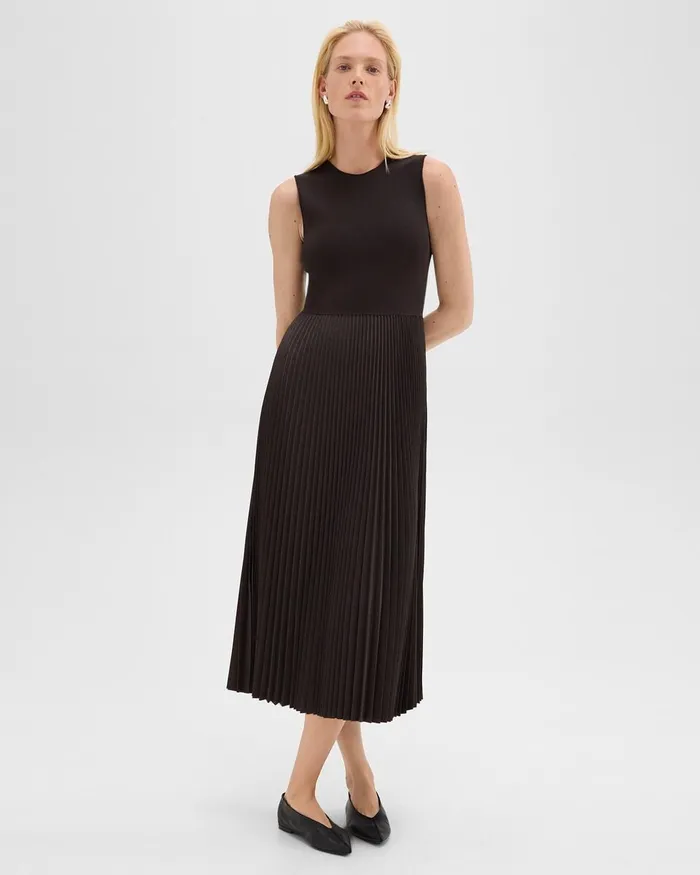Women Dresses Theory Pleated Combo Dress In Stretch WoolBlend Hickory