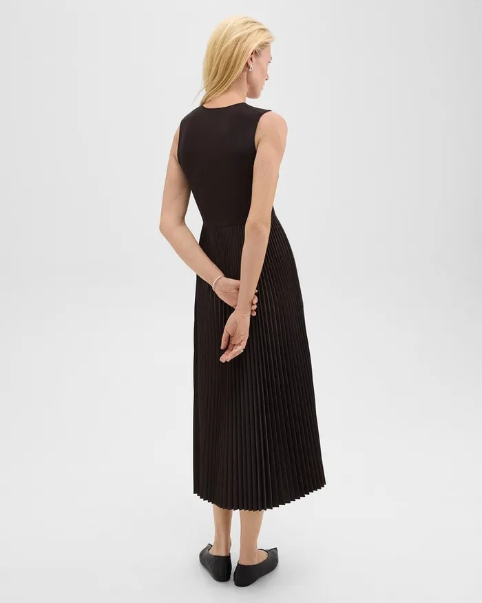 Women Dresses Theory Pleated Combo Dress In Stretch WoolBlend Hickory