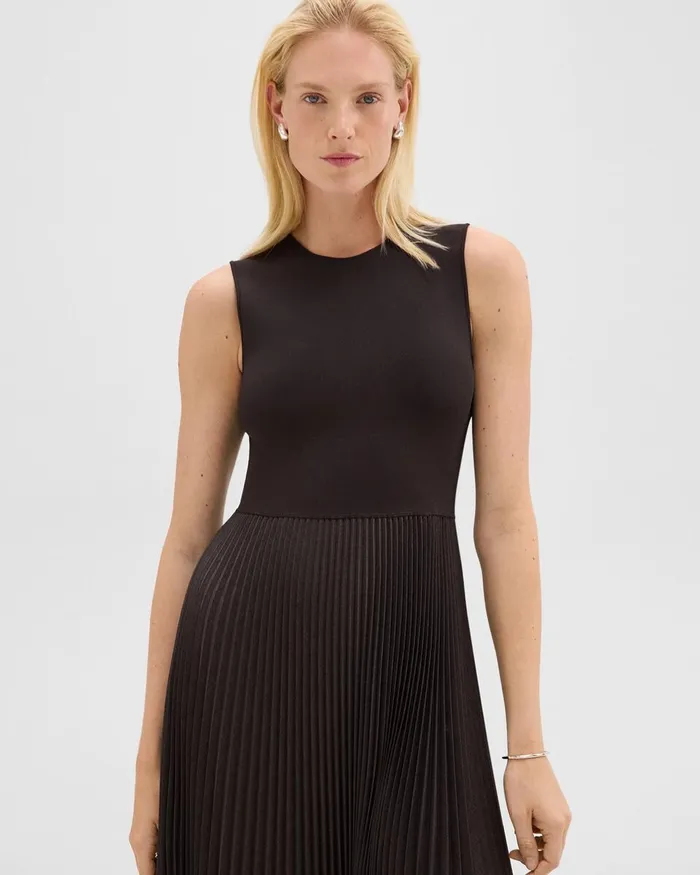 Women Dresses Theory Pleated Combo Dress In Stretch WoolBlend Hickory