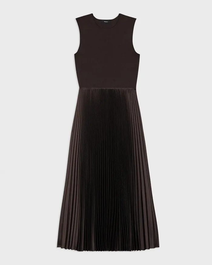 Women Dresses Theory Pleated Combo Dress In Stretch WoolBlend Hickory