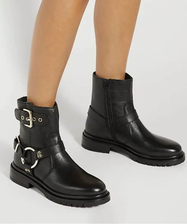 Women Dune London Black Boots Cleated Sole Biker Boots Black