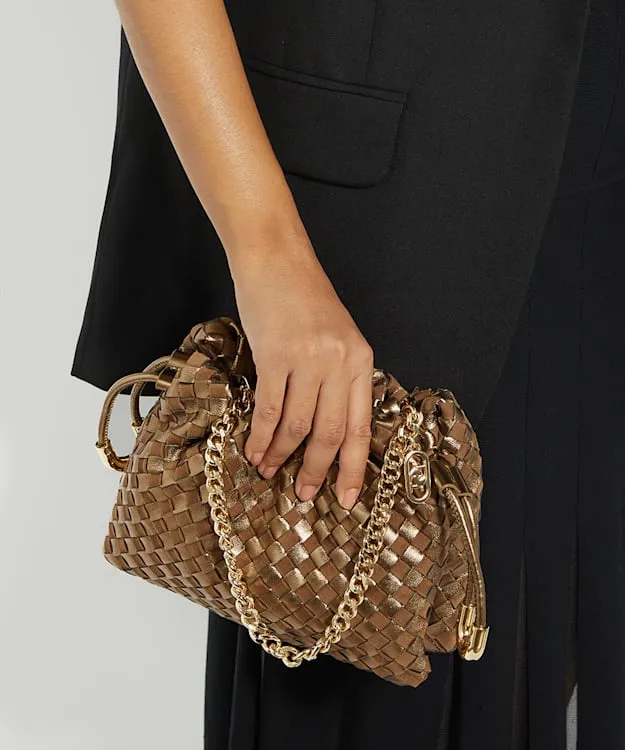 Women Dune London Crossbody Bags Small Drawstring Woven Leather Bag Metallic