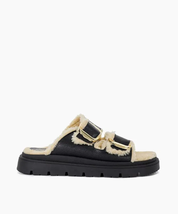 Women Dune London Flat Sandals Cosy Lined Two Bar Mules Black